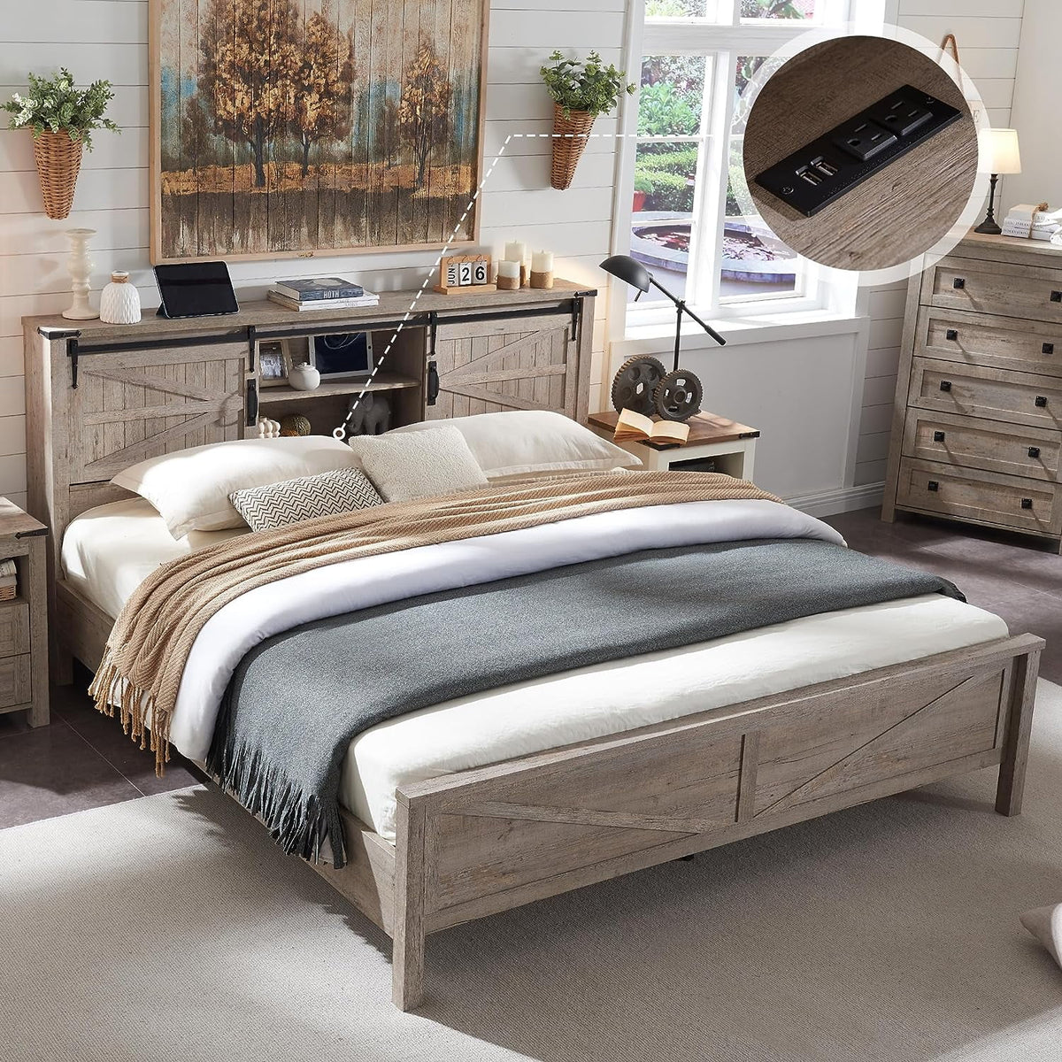 Full Platform Bed with Bookcase Headboard and Charging Station Y857315
