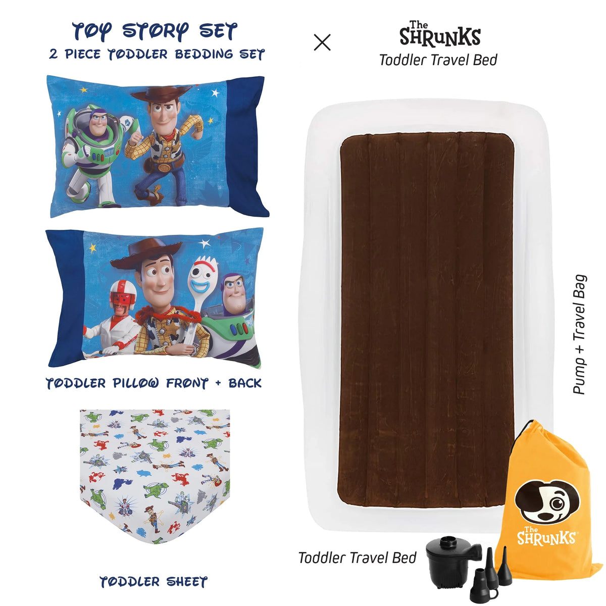 Toy Story Kids Inflatable Travel Bed with Safety Side Rails and Crib Sheet and Pillowcase Set W960291