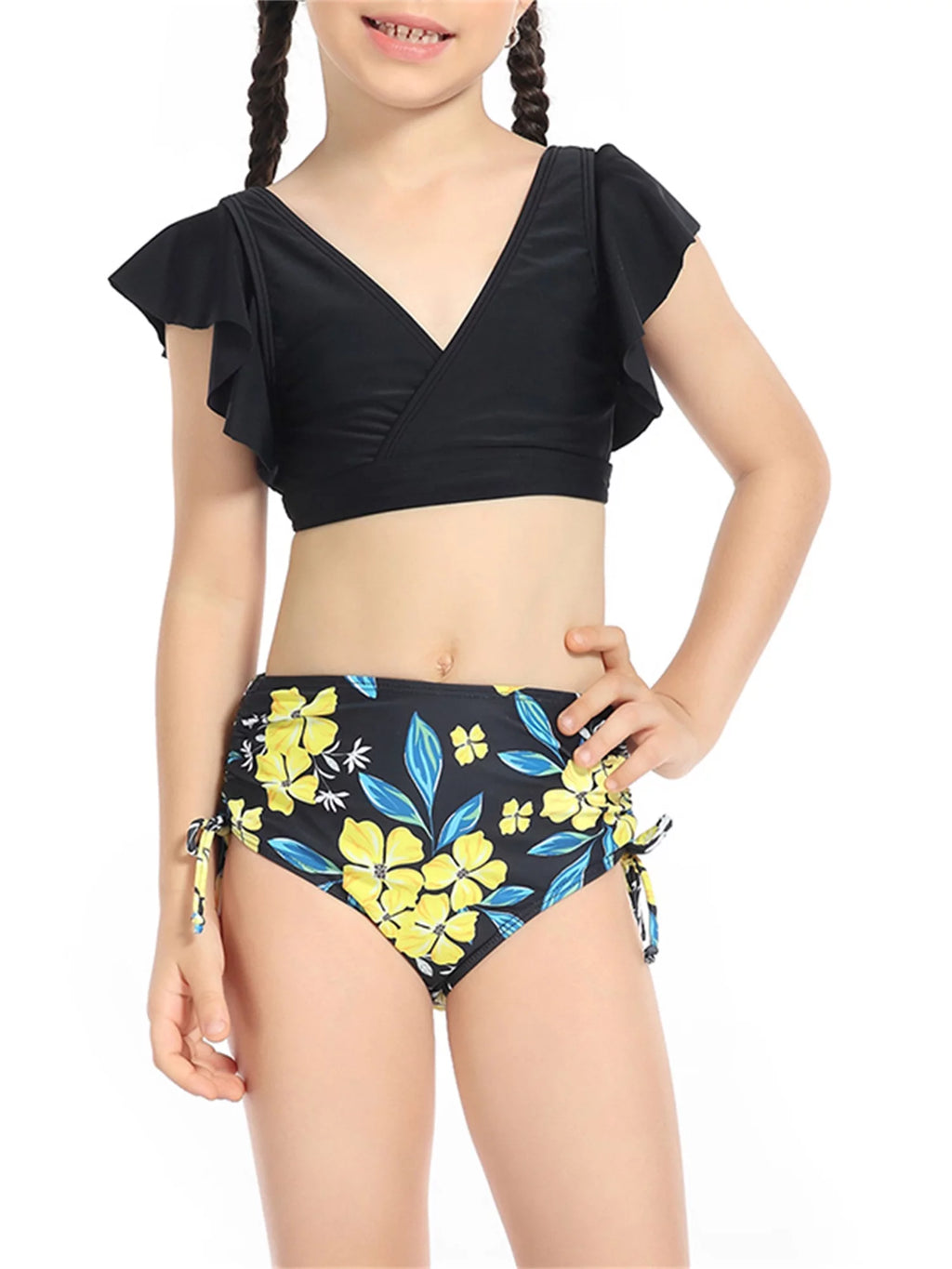 2 Piece Bikinis Set Print Fly Sleeve Tops Briefs Swimwear V171975
