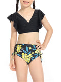 2 Piece Bikinis Set Print Fly Sleeve Tops Briefs Swimwear V171975