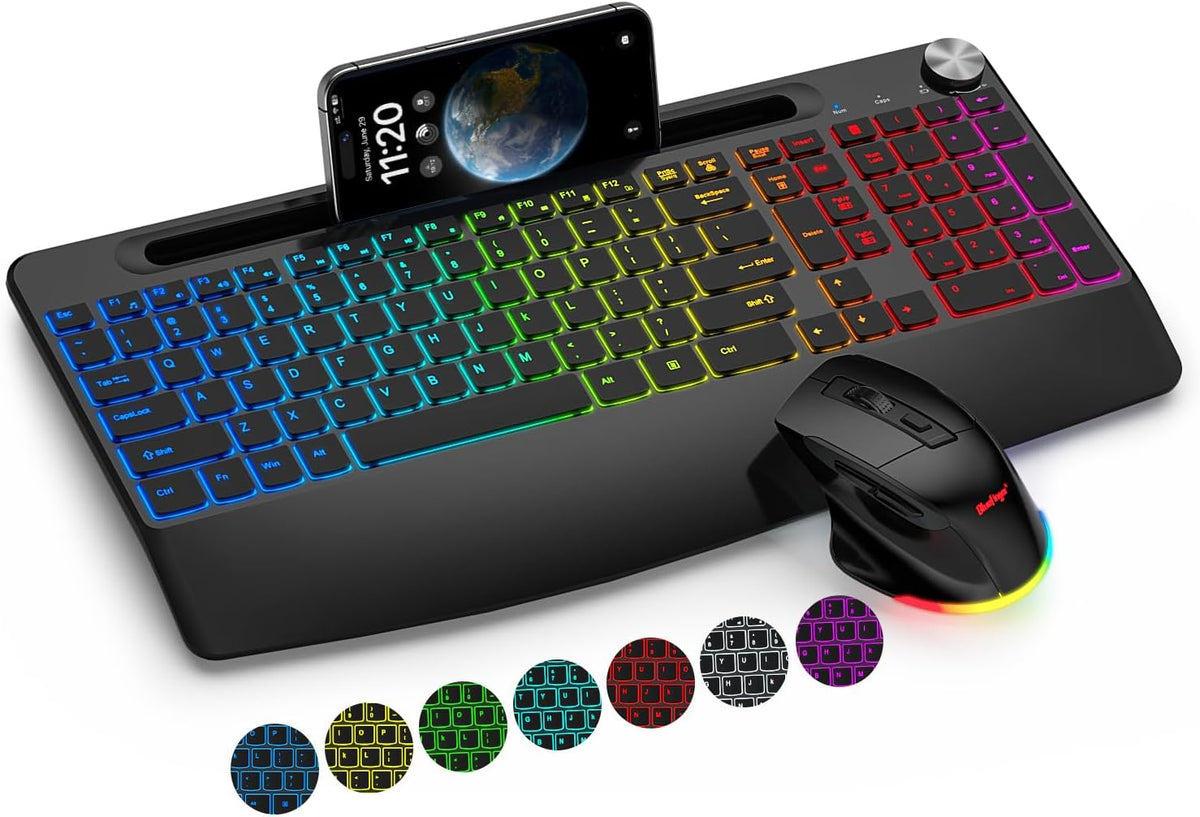 Wireless Keyboard and Mouse Combo, 2.4G Rechargeable Ergonomic Gaming Keyboard with Wrist Rest A1112