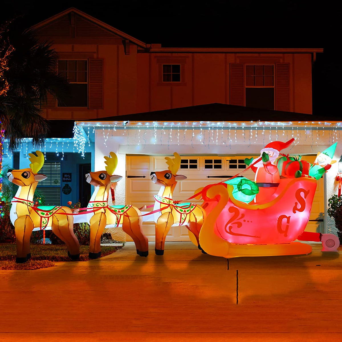 12 FT LED Lighted Santa on Sleigh with Reindeers and Gift Boxes Inflatable Decoration V8587