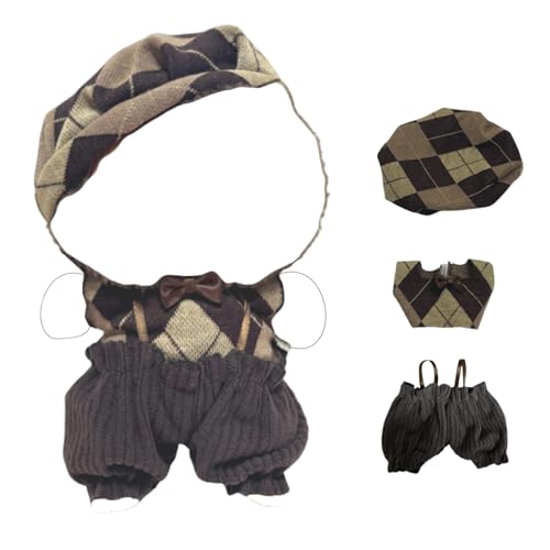 17cm Doll 4-Piece Clothes Set Denim Overall Sun Hat T-Shirt Knitted Flower Brooch D3075