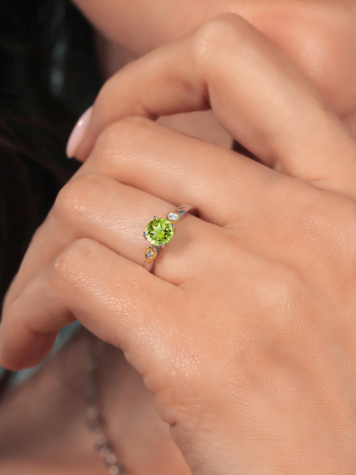 925 Sterling Silver and 10K Yellow Gold Green Peridot and White Lab Grown Diamond 3 Stone Engagement Ring K4180