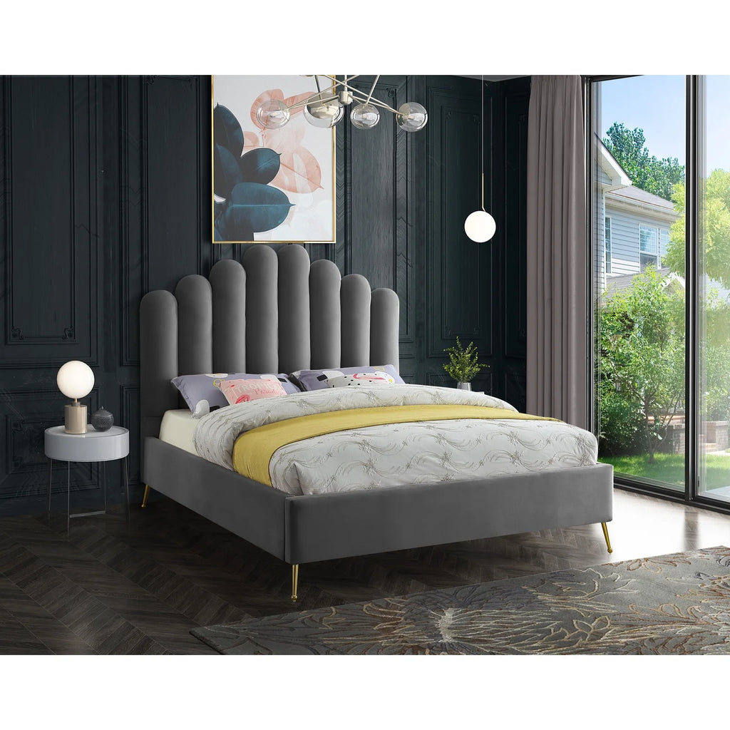 Velvet Upholstered Platform Bed with Gold Steel Legs H3350