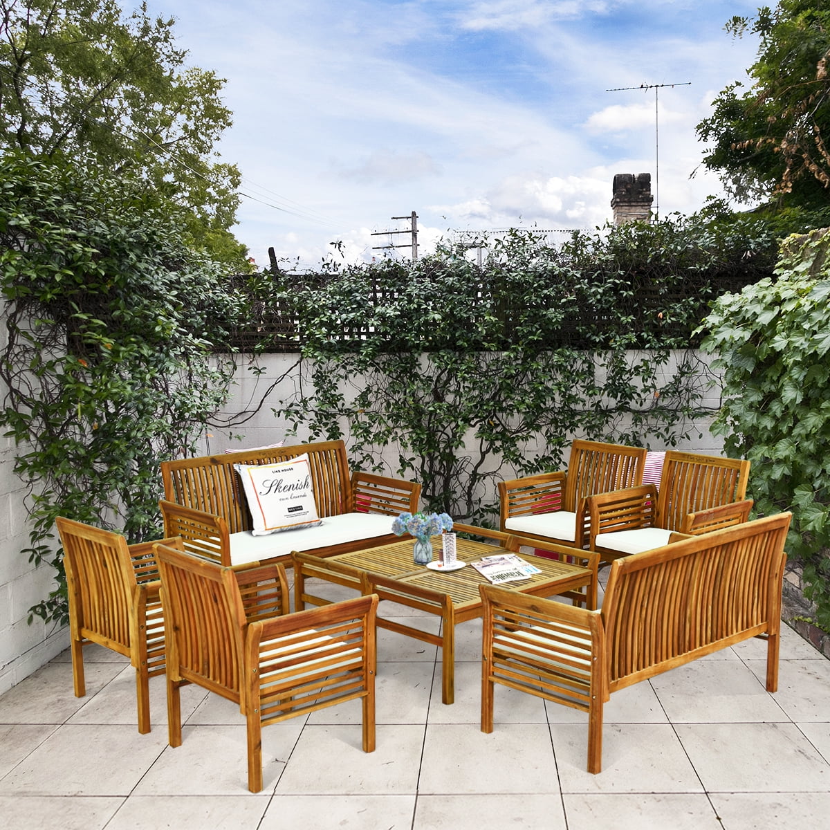 4-Piece Acacia Wood Patio Sofa Set with Beige Cushions P92169