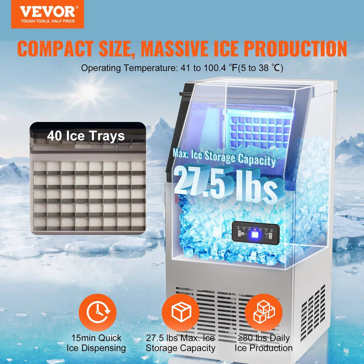 Commercial Ice Maker 80lbs/24H 40 Ice Cubes O388