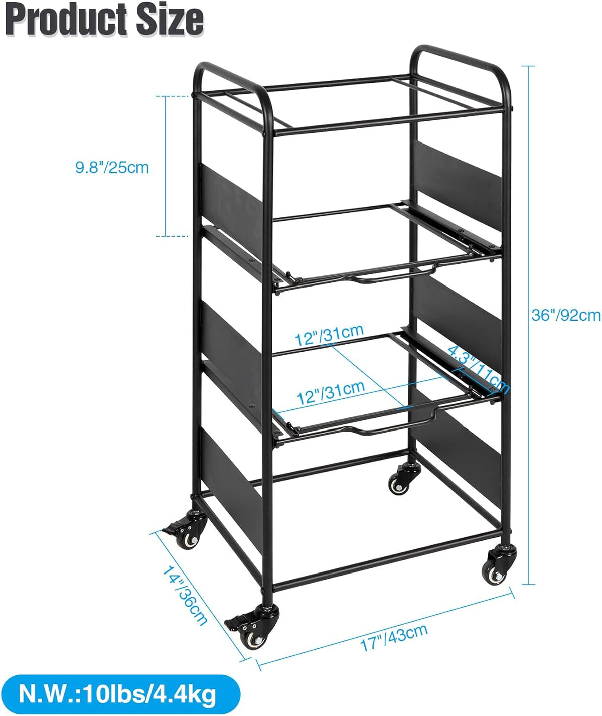 3-Tier Metal Rolling File Cart with Wheels, Black I1417