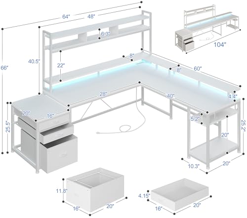White 64" L Shaped Gaming Desk with Hutch, Drawers, Storage Shelves, Monitor Stand and LED Light T64579