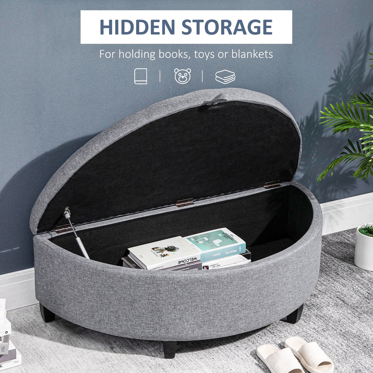 Gray Half Moon Storage Ottoman with Lift Lid P62959