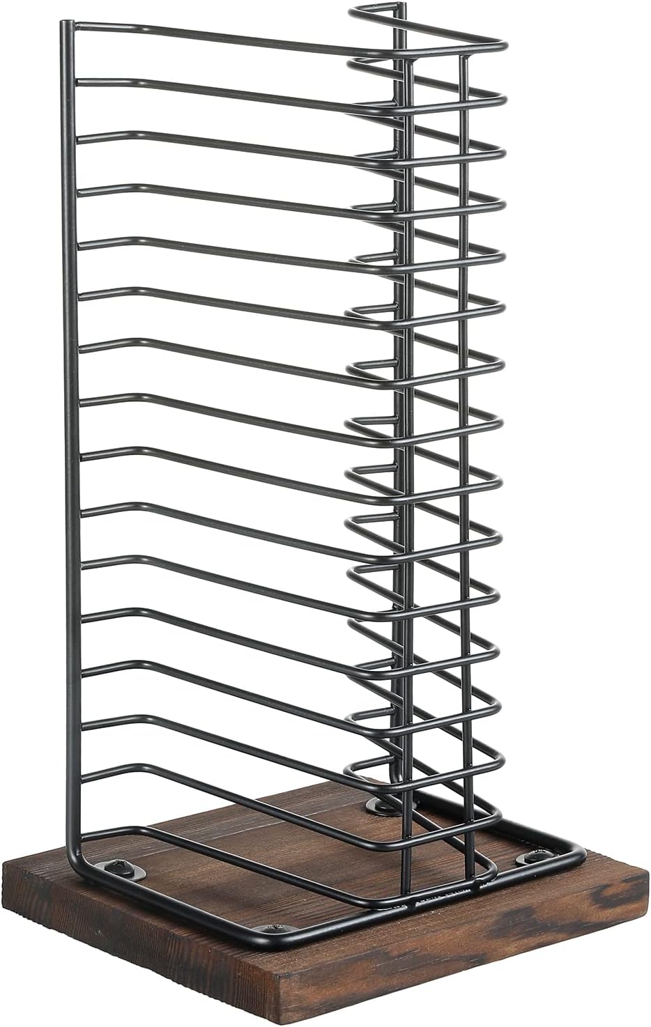 Matte Black Metal Wire Vertical CD Holder with Burnt Wood Base, Holds 15 Jewel Cases C2565