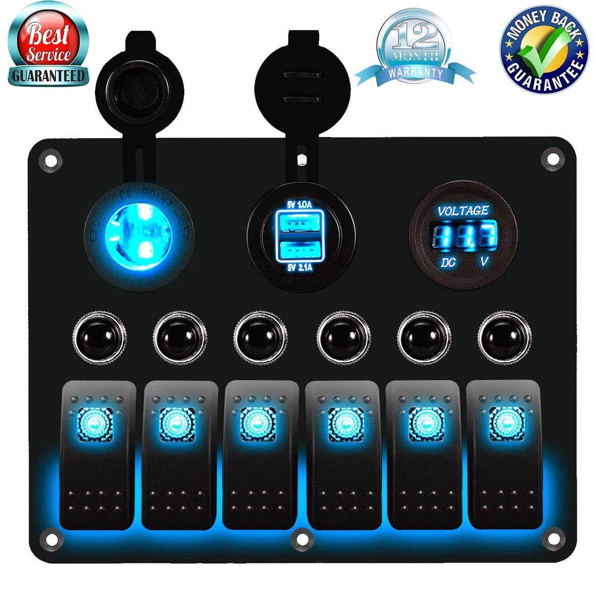 Blue LED Rocker Switch Panel with Dual USB Waterproof Power Socket Breaker Voltmeter R576
