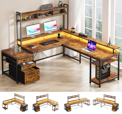 White 64" L Shaped Gaming Desk with Hutch, Drawers, Storage Shelves, Monitor Stand and LED Light T64579