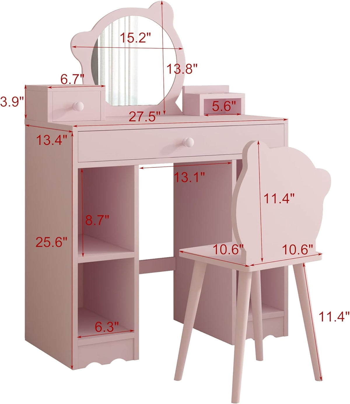 Pink Wooden Kids Vanity Set with Mirror and Stool U850097