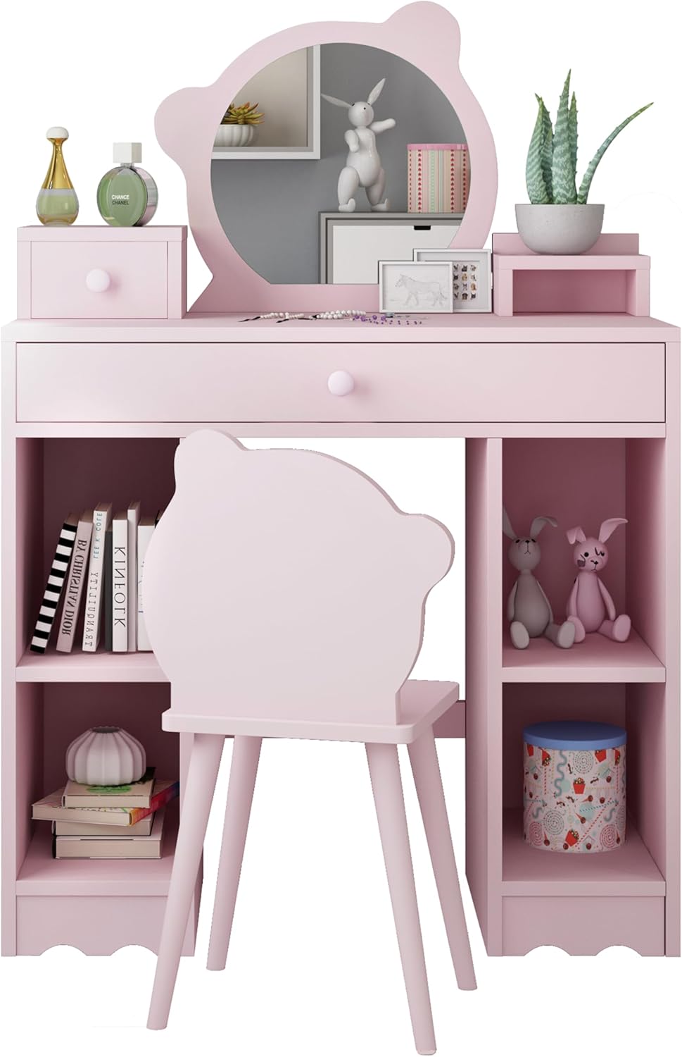 Pink Wooden Kids Vanity Set with Mirror and Stool U850097