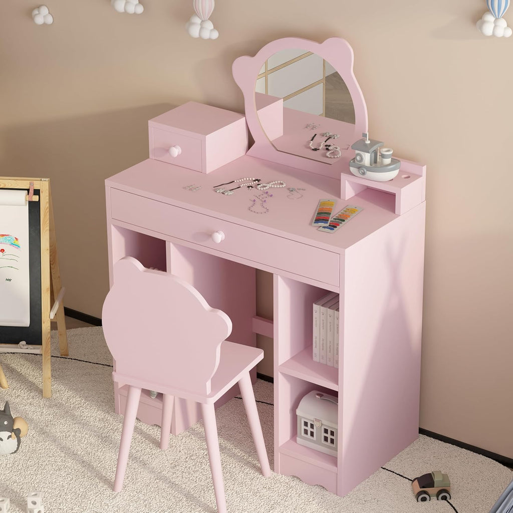 Pink Wooden Kids Vanity Set with Mirror and Stool U850097