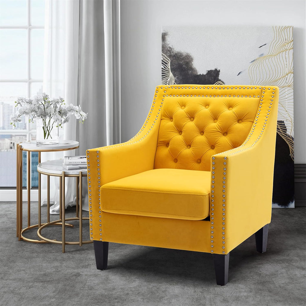 Yellow Velvet Accent Chairs with Wood Legs U158