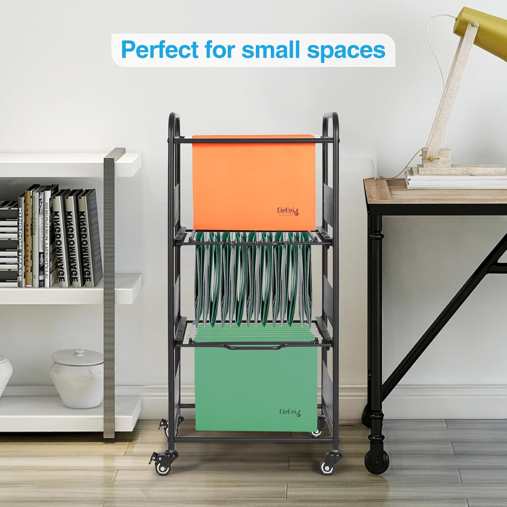 3-Tier Metal Rolling File Cart with Wheels, Black I1417