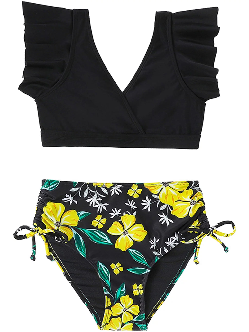 2 Piece Bikinis Set Print Fly Sleeve Tops Briefs Swimwear V171975