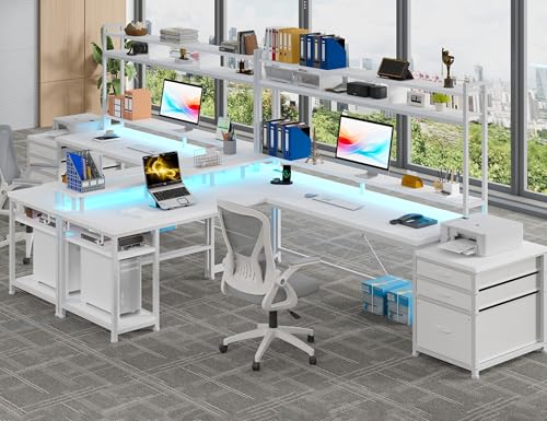 White 64" L Shaped Gaming Desk with Hutch, Drawers, Storage Shelves, Monitor Stand and LED Light T64579