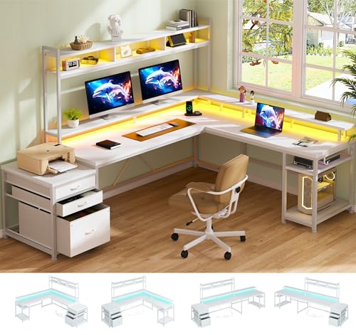 White 64" L Shaped Gaming Desk with Hutch, Drawers, Storage Shelves, Monitor Stand and LED Light T64579