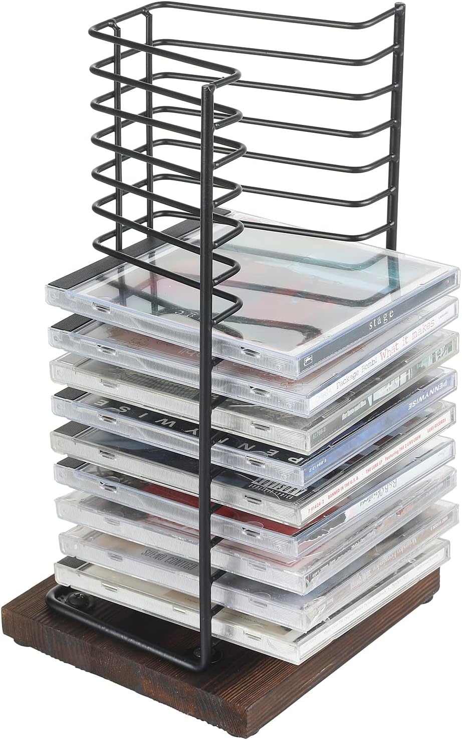 Matte Black Metal Wire Vertical CD Holder with Burnt Wood Base, Holds 15 Jewel Cases C2565