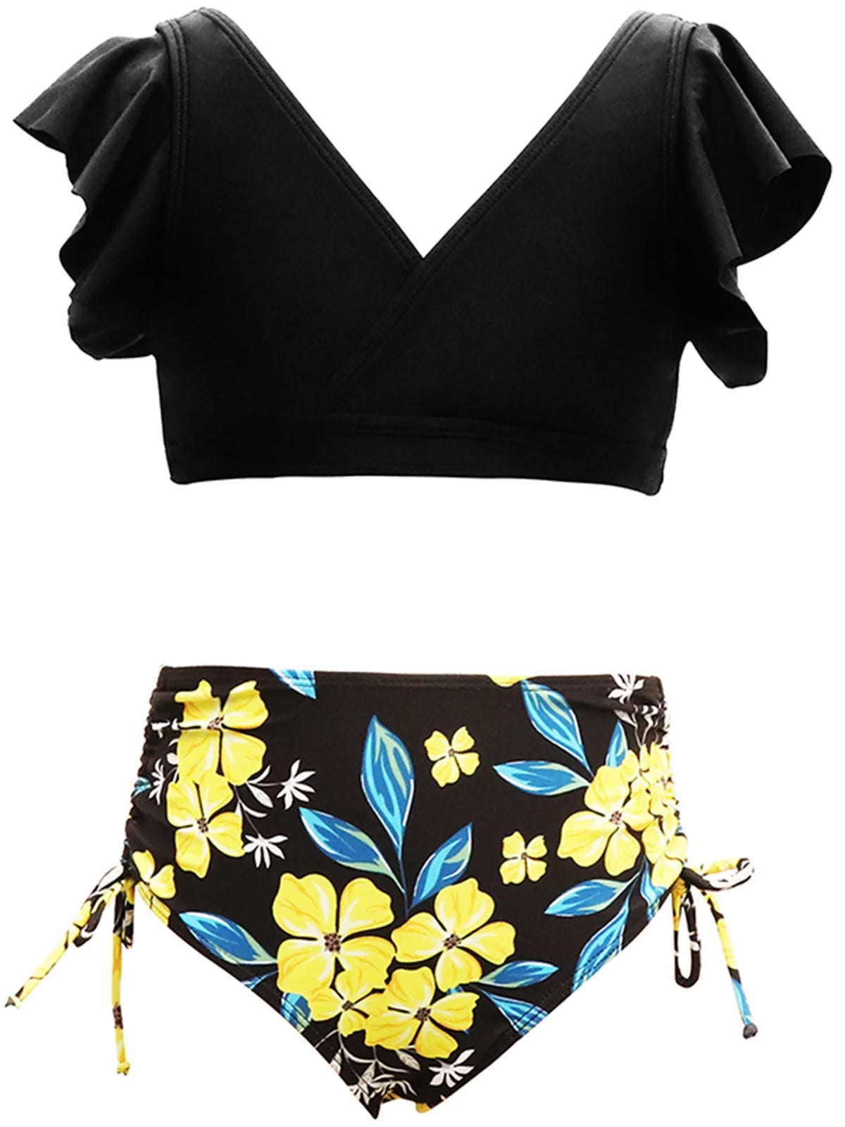 2 Piece Bikinis Set Print Fly Sleeve Tops Briefs Swimwear V171975