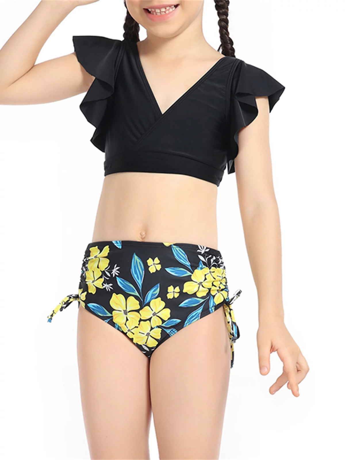 2 Piece Bikinis Set Print Fly Sleeve Tops Briefs Swimwear V171975