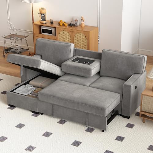 Grey Chenille L-Shaped Sleeper Sofa with Storage L69568