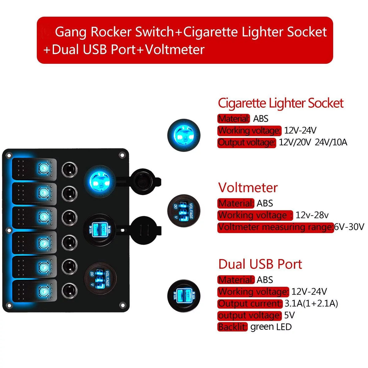 Blue LED Rocker Switch Panel with Dual USB Waterproof Power Socket Breaker Voltmeter R576