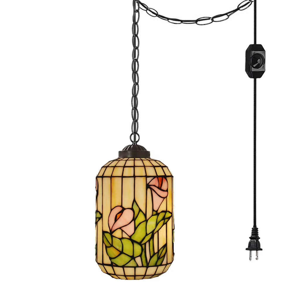 Tiffany Stained Glass Plug-in Pendant Hanging Light with 15FT Power Cord G26250