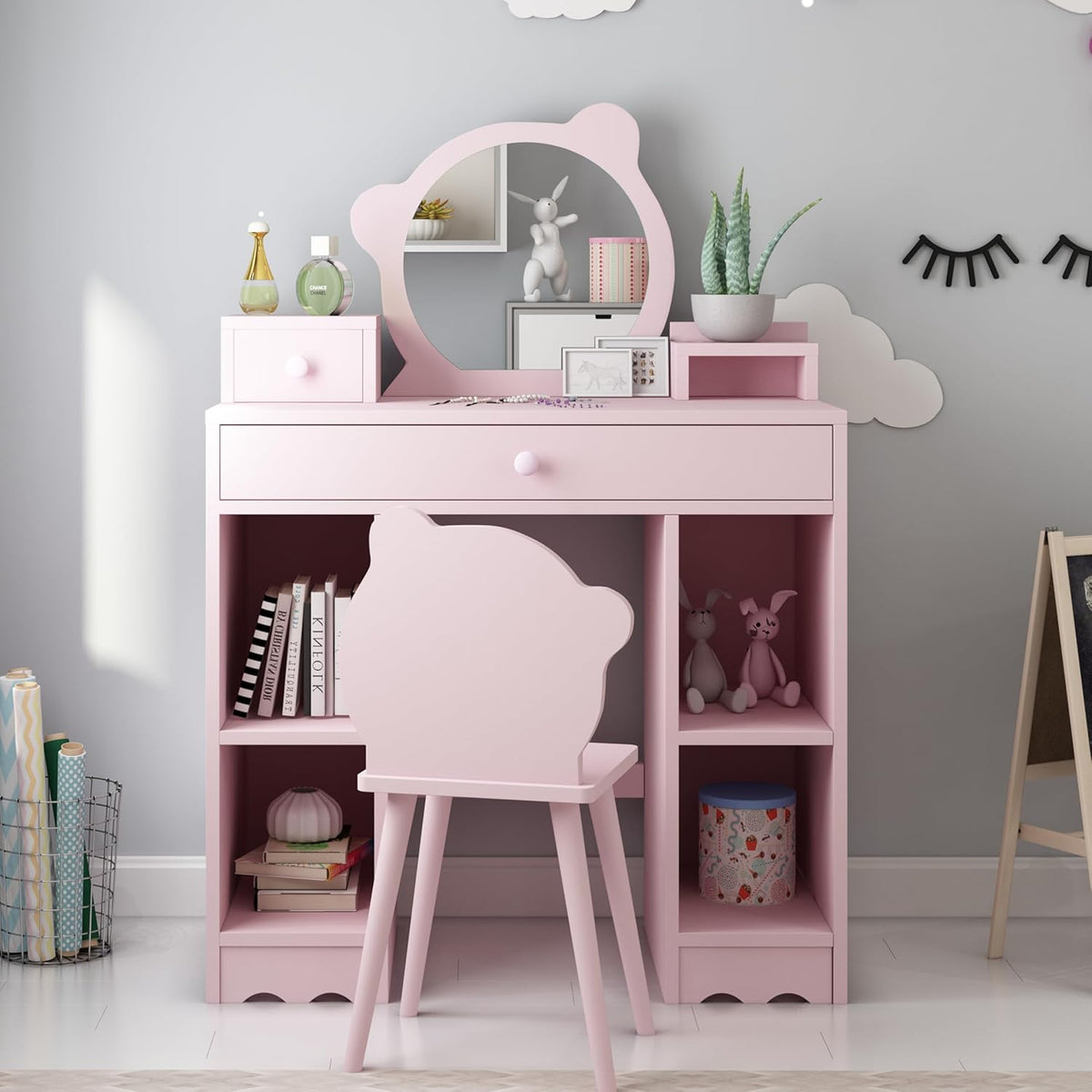 Pink Wooden Kids Vanity Set with Mirror and Stool U850097