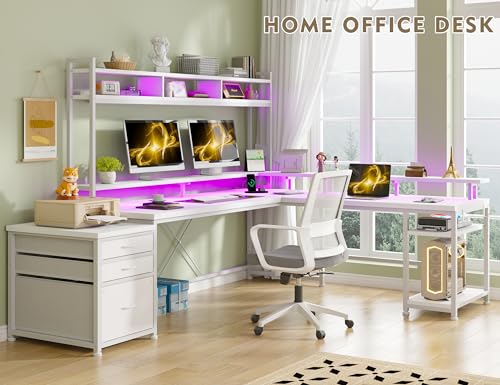 White 64" L Shaped Gaming Desk with Hutch, Drawers, Storage Shelves, Monitor Stand and LED Light T64579