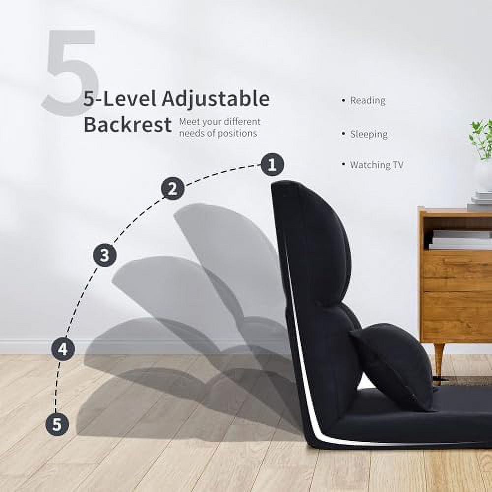 Moccha Folding Floor Chair with Pillow Adjustable 6 Reclining Position Upholstered Chaise Lounge D155