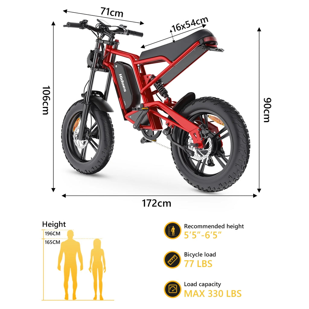 20 Fat Tire 1200W Electric Bike with Removable Battery Red O829
