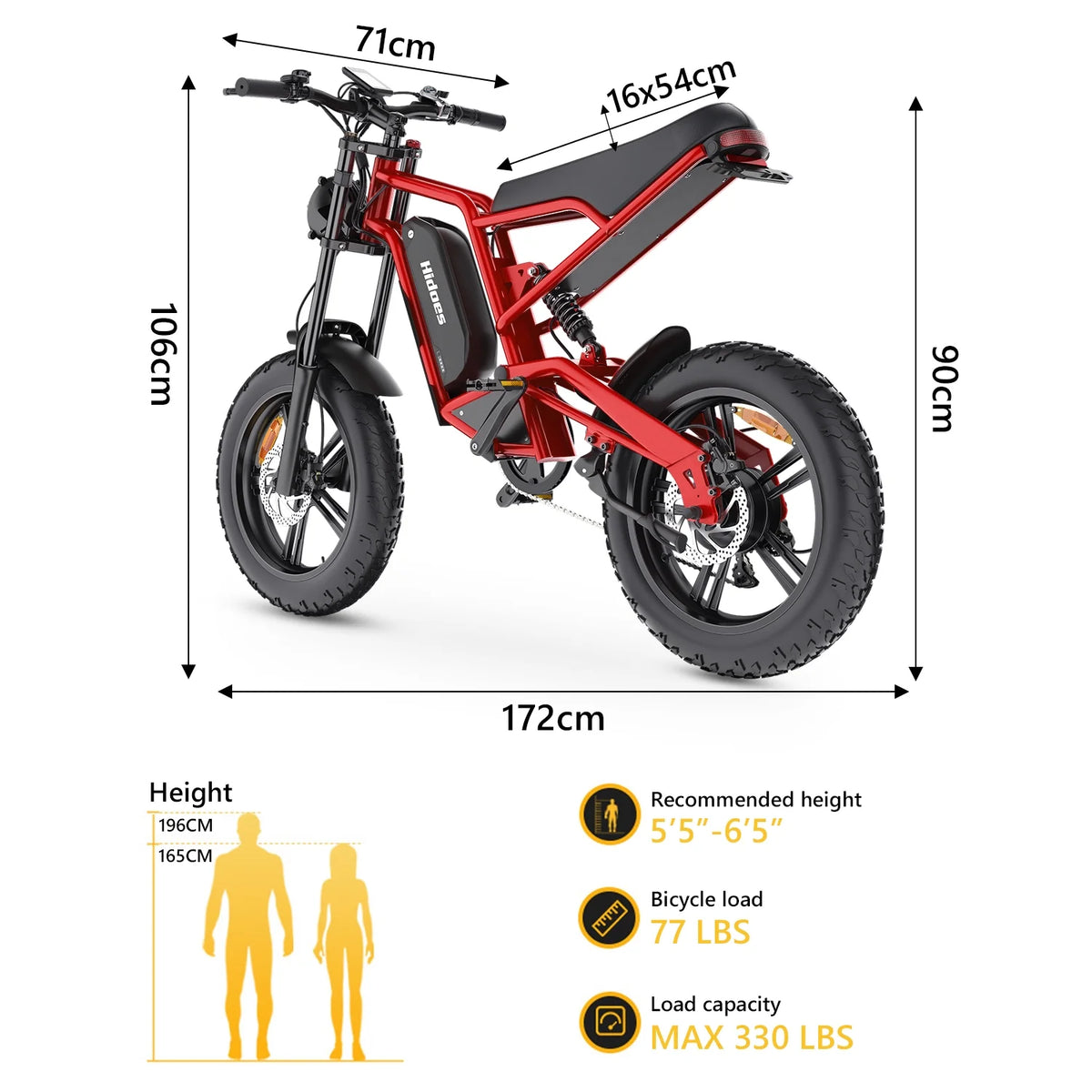 20 Fat Tire 1200W Electric Bike with Removable Battery Red O829