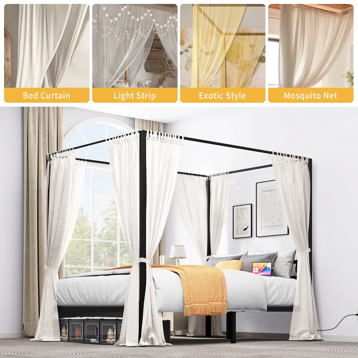 Queen Size Black Canopy Bed Frame with USB Charging and Storage N41990