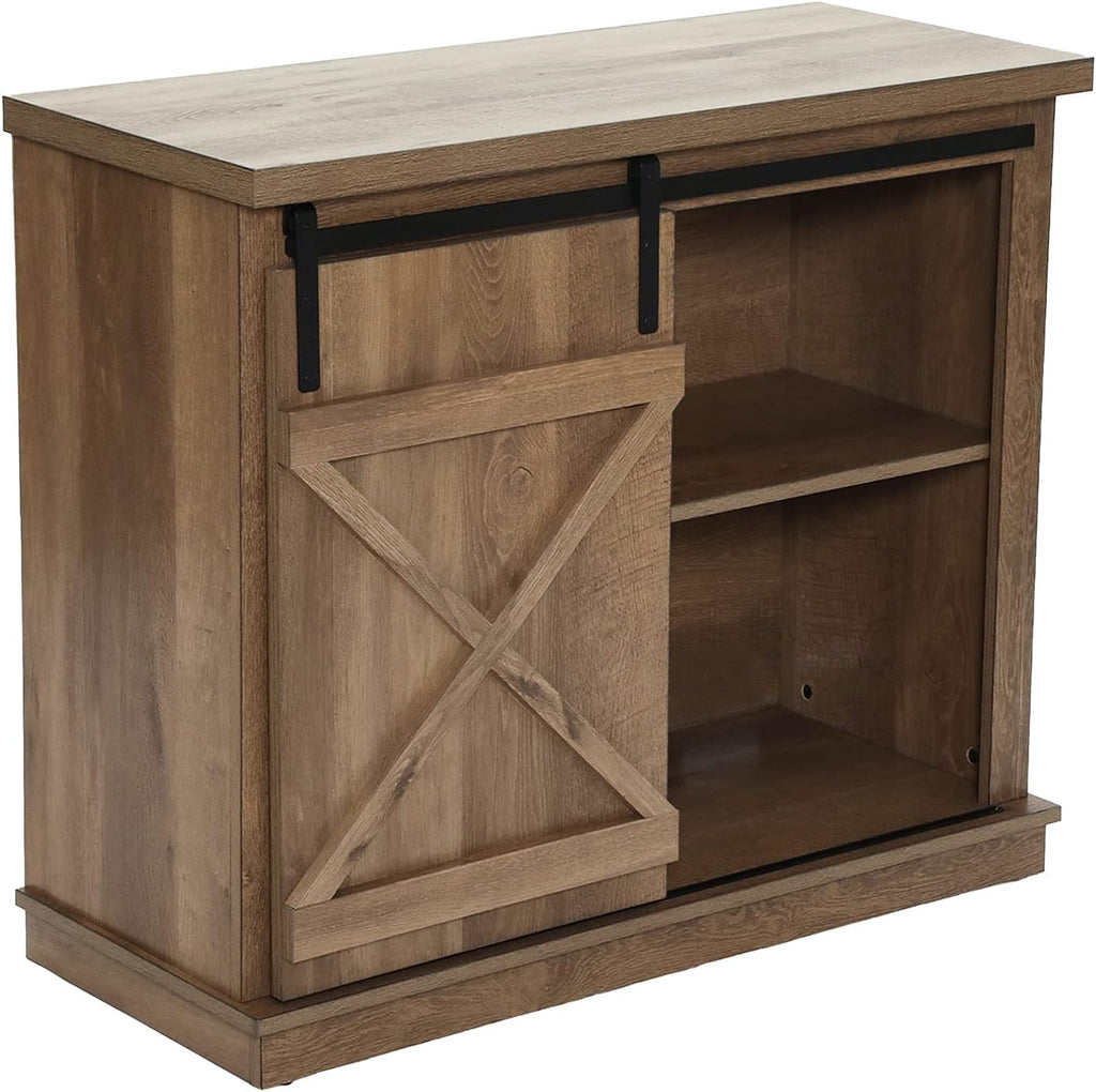 Farmhouse X Cabinet with Sliding Barn Door Storage Cabinet Coffee Table, 36 Wide Rustic Oak L3132