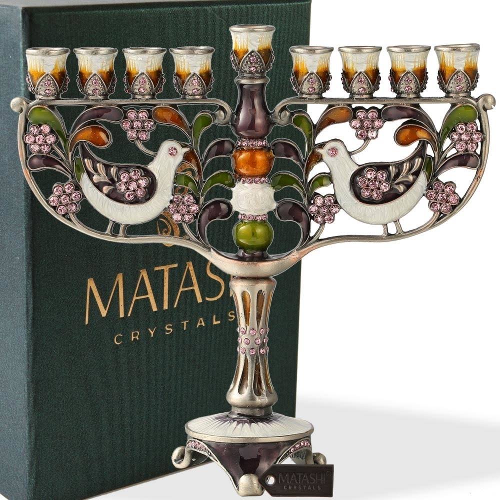 Hand Painted Enamel Menorah Candelabra with Gold Accents and Crystals A99782