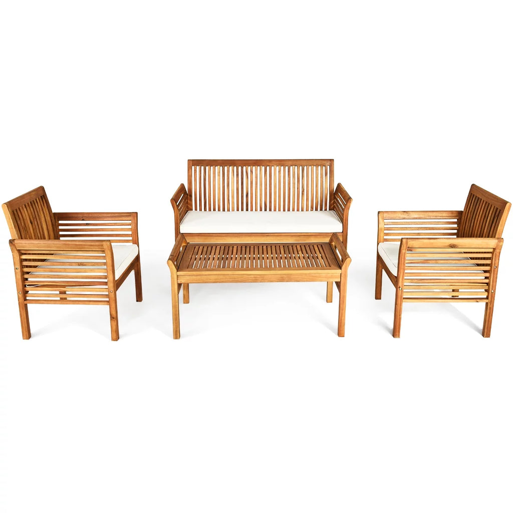 4-Piece Acacia Wood Patio Sofa Set with Beige Cushions P92169