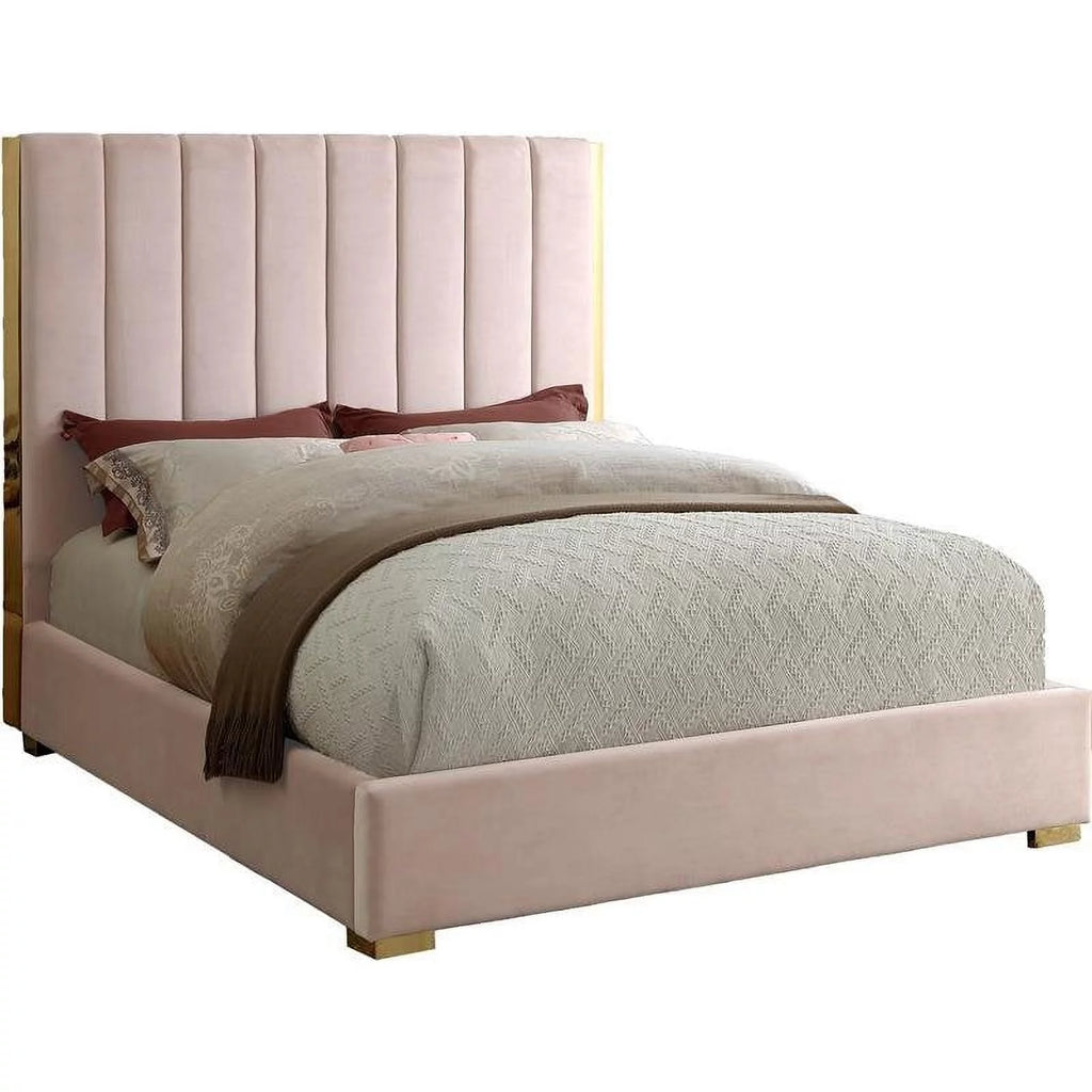 Metal and Velvet King Bed in Pink U9975