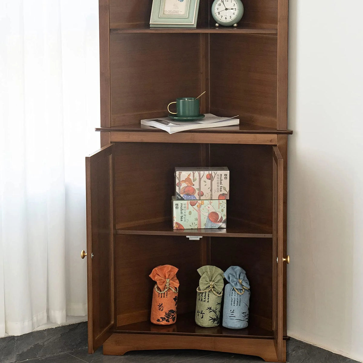 5-Tier Bamboo Corner Bookshelf with Door J215