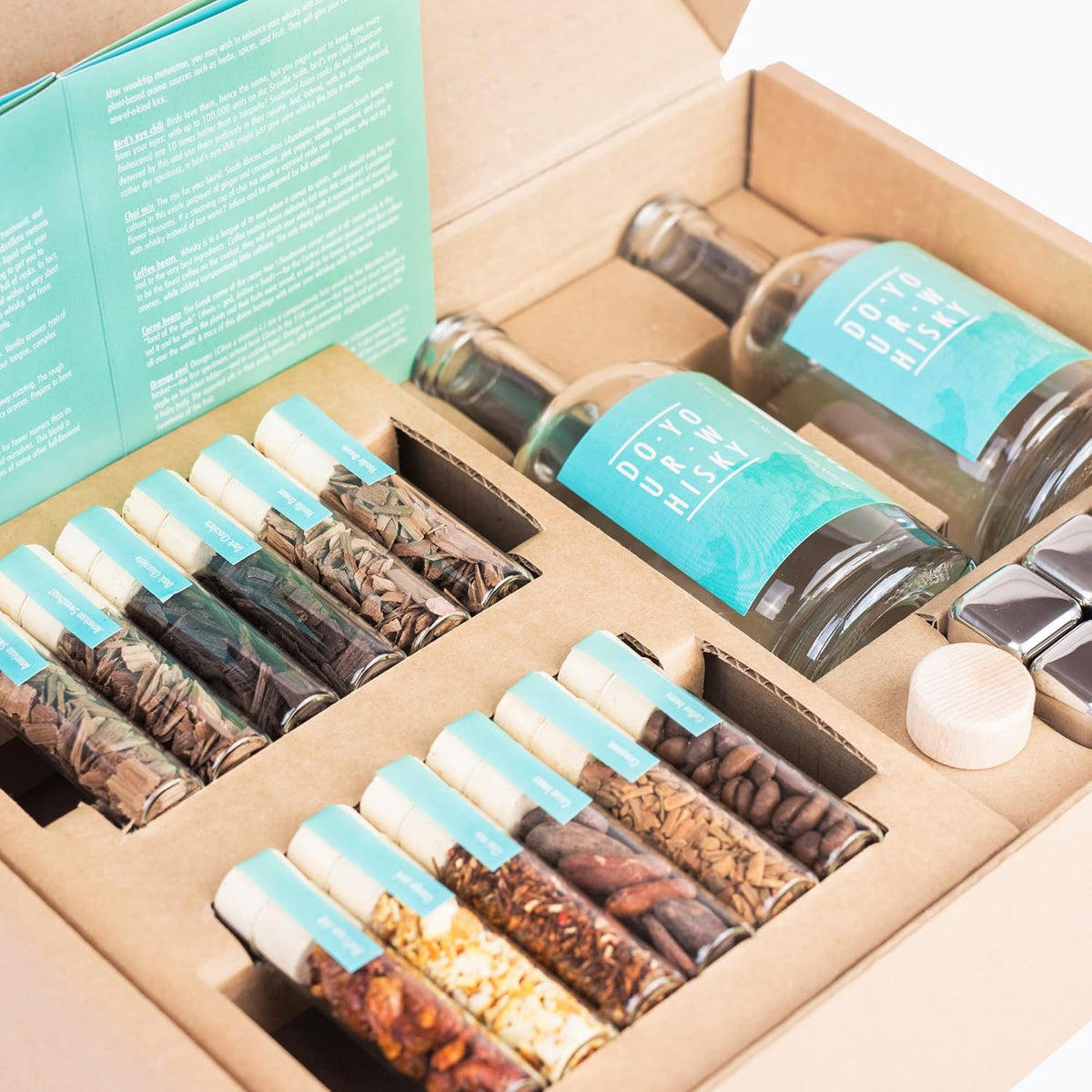 DIY Whisky Infusion Kit with 12 Woodchip Blends & Botanicals in Glass Tubes, 6 Whiskey Stones, Pack of 2 W265224