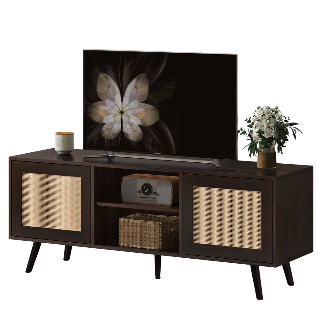 60-inch Rattan TV Stand with Adjustable Shelves and 2 Cabinets O514