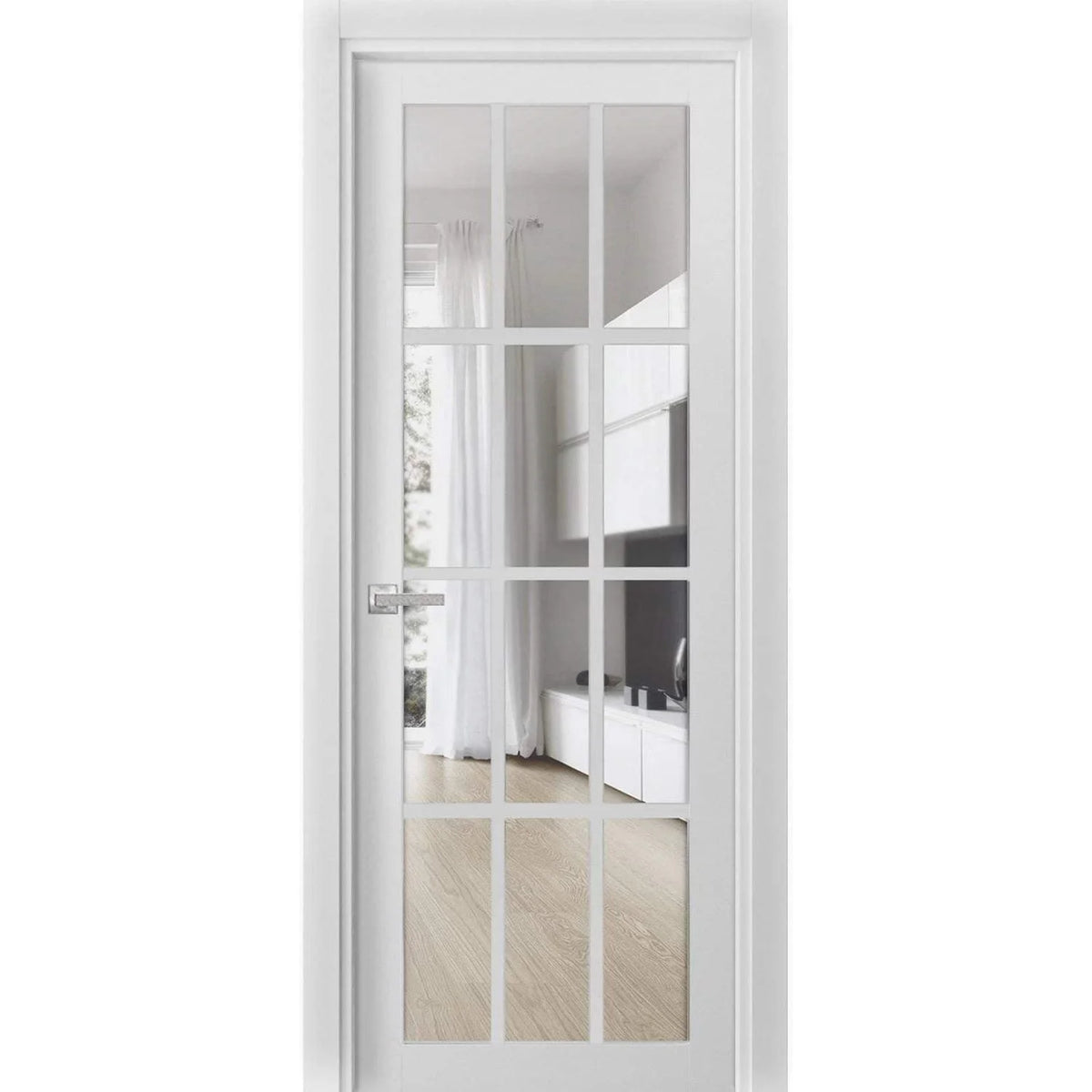 Solid French Door Clear Glass 12 lites White Silk Single Regular Panel Frame Trims Handle D7359