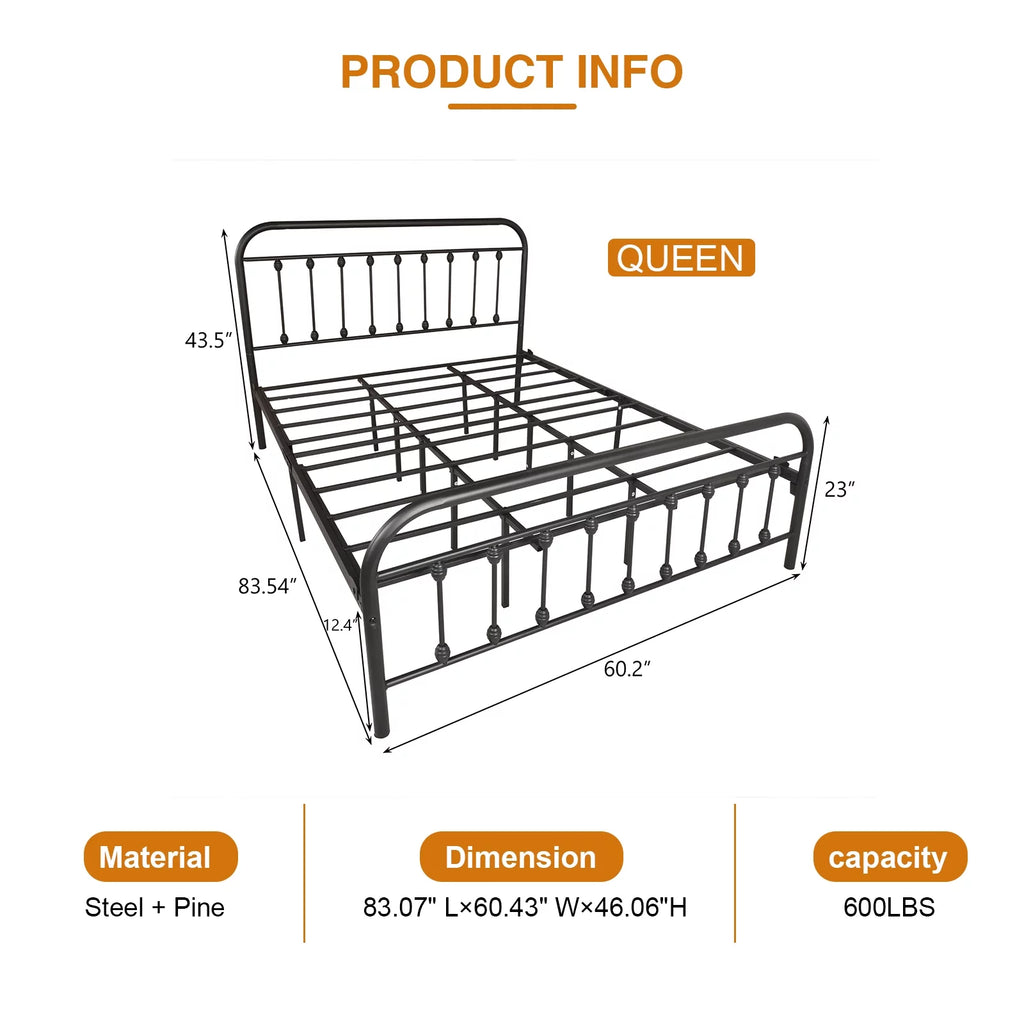 Queen Size Black Iron Bed with Headboard and Footboard I78241