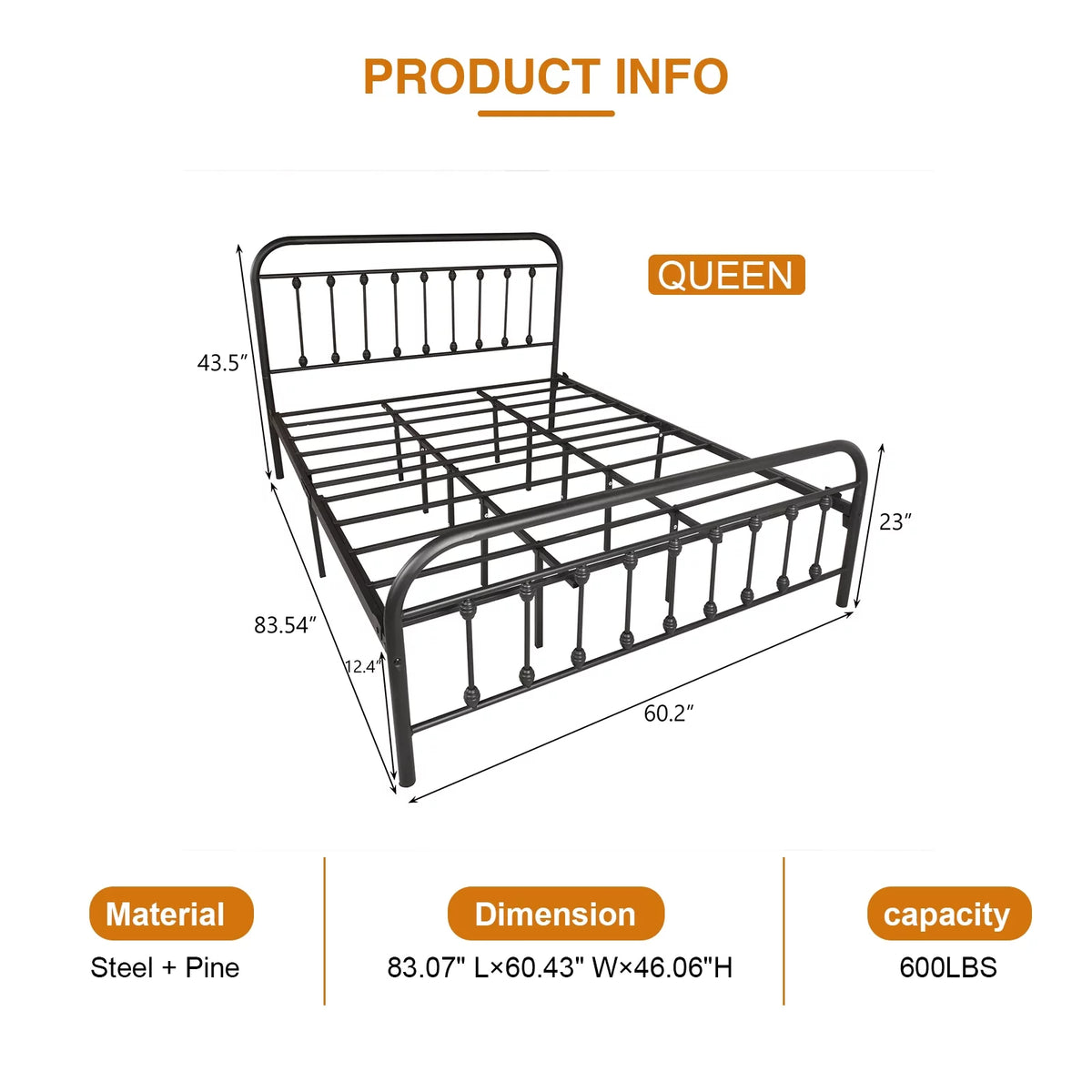 Queen Size Black Iron Bed with Headboard and Footboard I78241