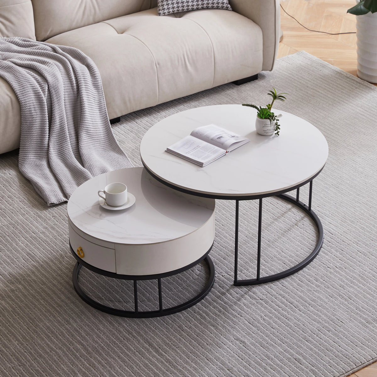 Black Nesting Coffee Table Set of 2 with Drawer, Sintered Stone Top Leather Wrapping Metal Frame S158722