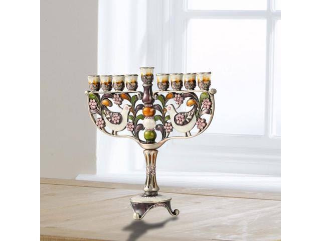 Hand Painted Enamel Menorah Candelabra with Gold Accents and Crystals A99782