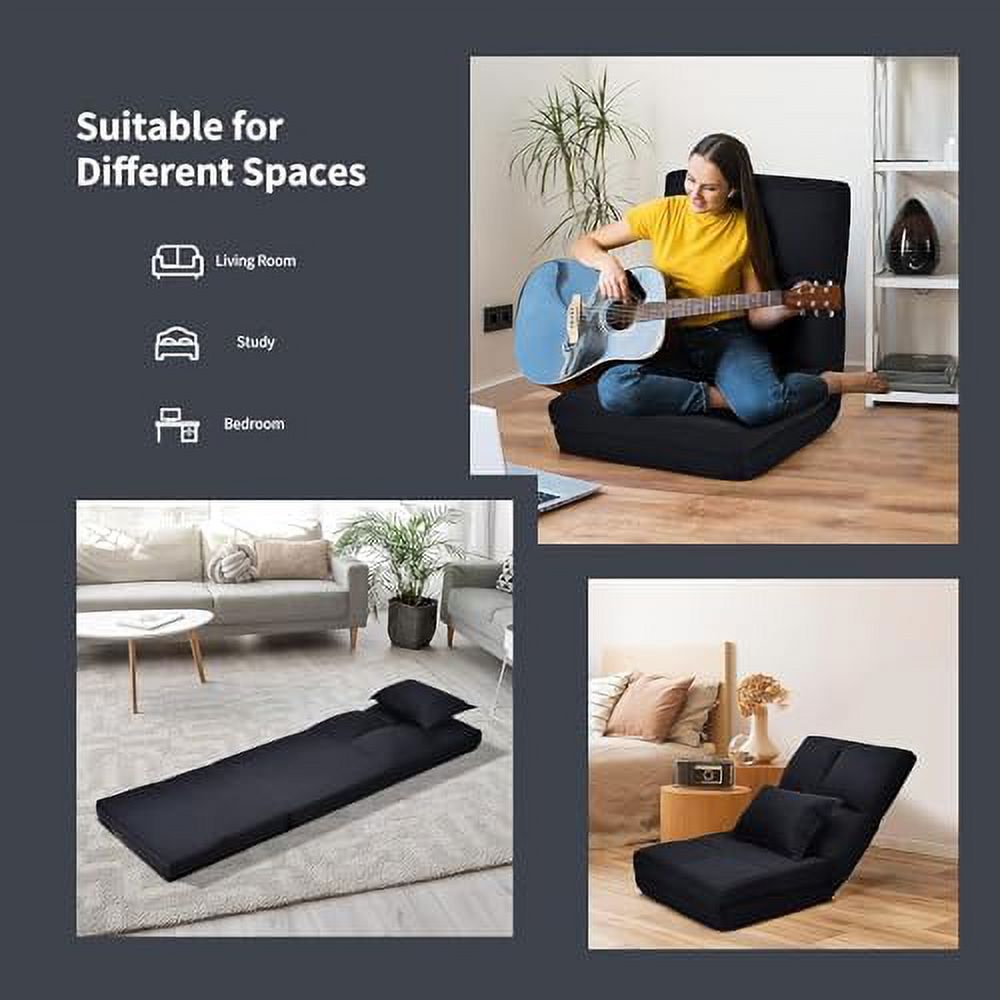 Moccha Folding Floor Chair with Pillow Adjustable 6 Reclining Position Upholstered Chaise Lounge D155